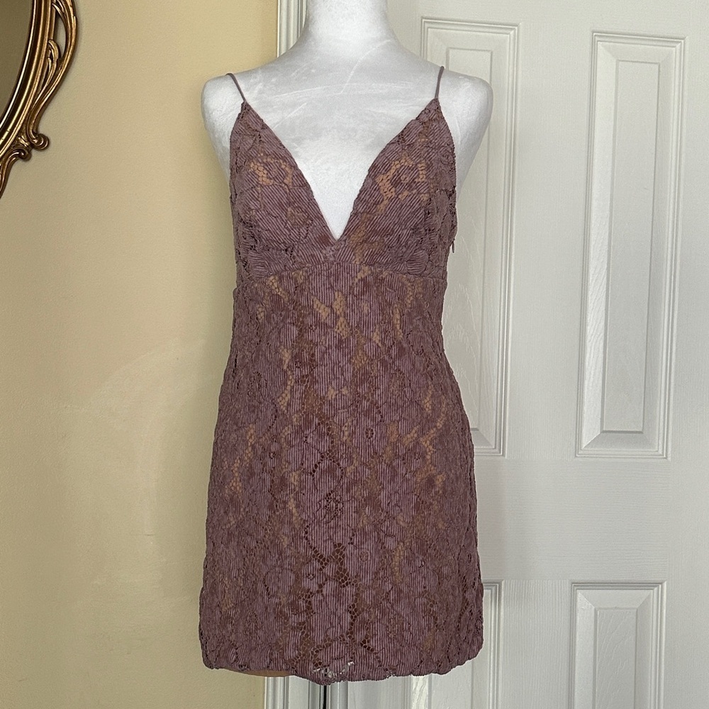 Free People Dangerous Love Lace Mini Dress Women Mauve Slip Dress Lined US 0 UK4